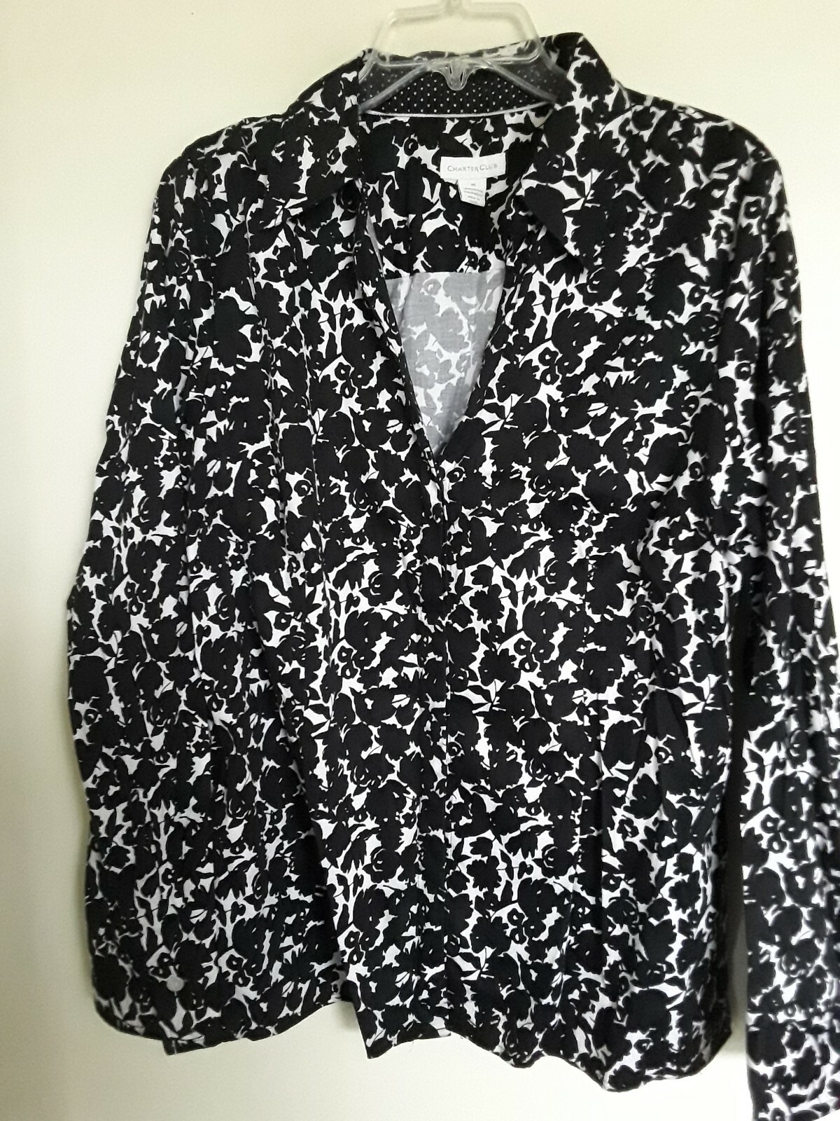 CHARTER CLUB WOMAN White and Black floral button blouse top shirt 14