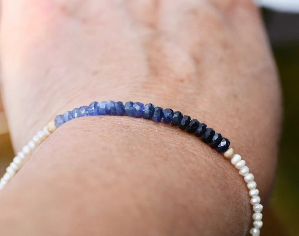 Brazalete Natural Ombre Zafiro y Perla Oro Amarillo 14K Relleno 7 1/5" - 7 3/4 Foto 2 de 4