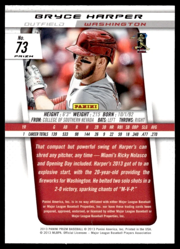 2013 PANINI PRIZM HOLO SILVER BRYCE HARPER - Image 2 of 2