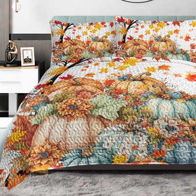 Colorful Pumpkin Pattern Quilt Set King Size Fall Leaves Bedding with 2