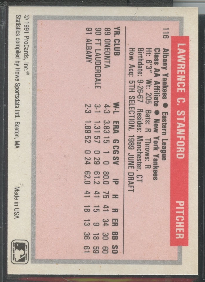 1991 ProCards Minor League #116 Larry Stanford Albany Yankees - Image 2 of 2