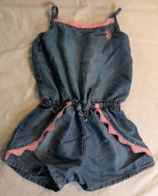 U.S. Polo Assn. Denim Romper Size 4T Eyelet Lace Belted Waist Adjustable Straps