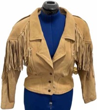 Vintage G-iii Women's Sz M Tan Suede Leather Cropped Jacket W Fringe Made In Usa