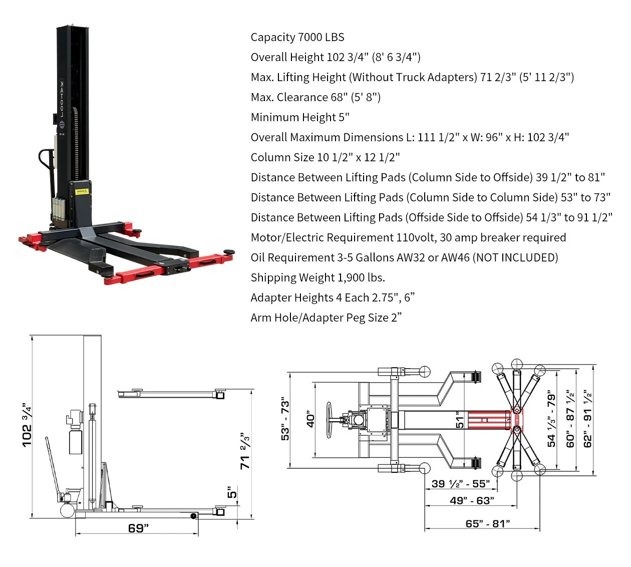 KATOOL  SPL700 7000lbs Single Post Lift 110v Hydraulic Portable Lift