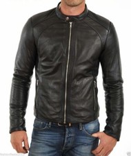 Herren Echt Lammleder Echtleder Motorrad Biker Freizeit Schwarz Slim Fit Mantel
