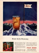 VINTAGE 1944 FOUR ROSES WHISKEY ARCTIC DISCOVERY BAR DECOR PRINT AD
