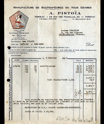 PARIS (XX°) FABRIK FÜR UNTERWÄSCHE / BH ''A. PISTOIA'' Rechnung 1943