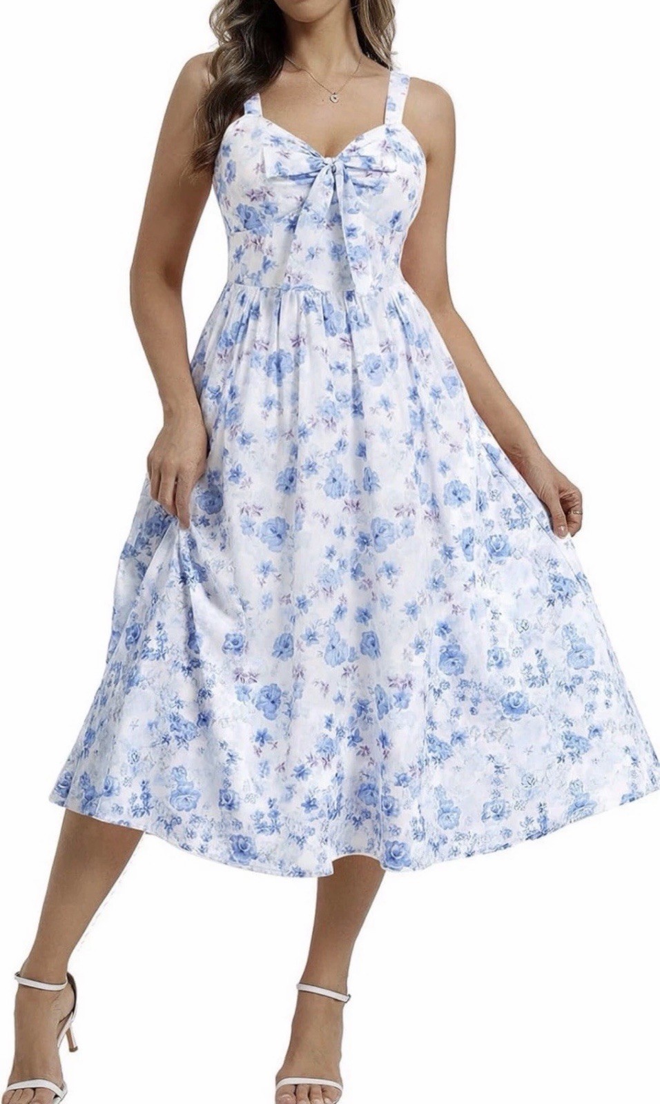 Belle Poque Women’s Floral Tie Front Midi Dress Pockets White Blue Size L