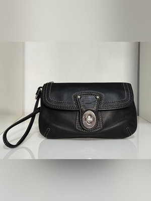 Coach 1941 Legacy Black Leather Silver Turn Lock Wristlet Clutch w/ Zip Closure