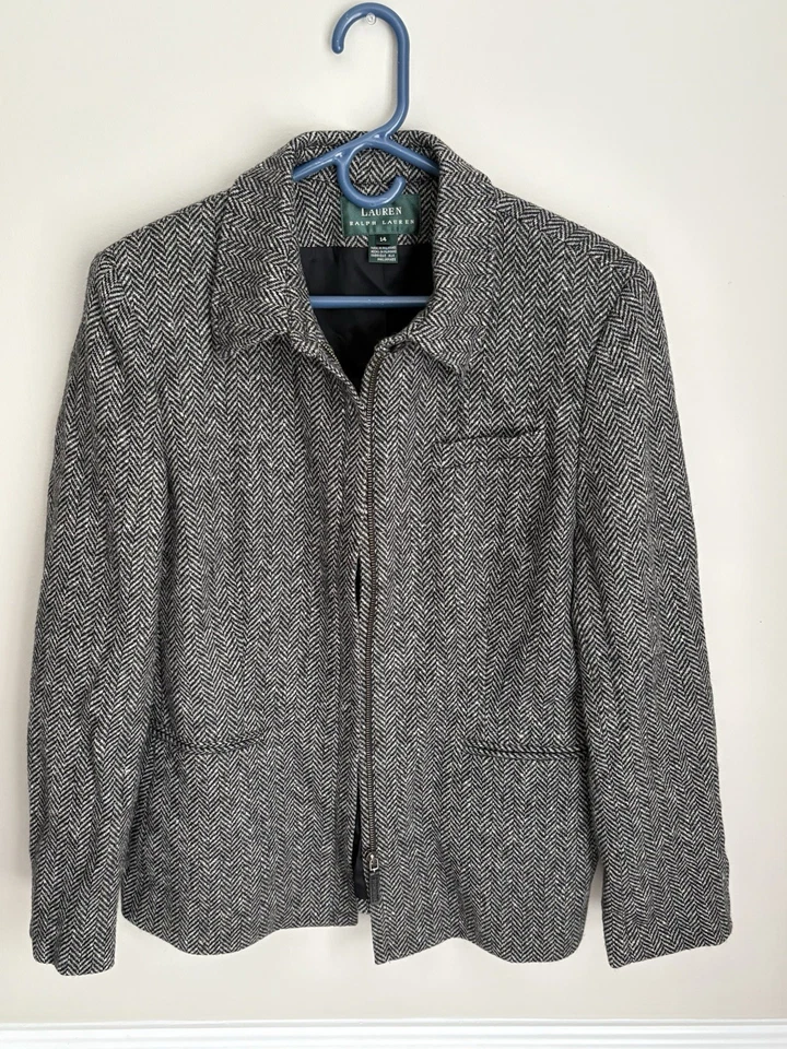 LAUREN Ralph Lauren 100% Wool Gray & Black "Blazer" Full Zip Womens Size 14 - Image 2 of 4