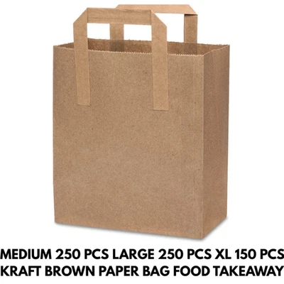 Kraft SOS Paper Bags with Flat Base – XL/L/M – Takeaway Food Carrier – 150/250pc