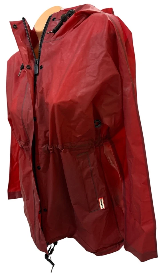 Abrigo de Lluvia Hunter Rojo con Cintura Ajustada Chaqueta Con Capucha Botón Cremallera Completa Talla S Foto 2 de 4