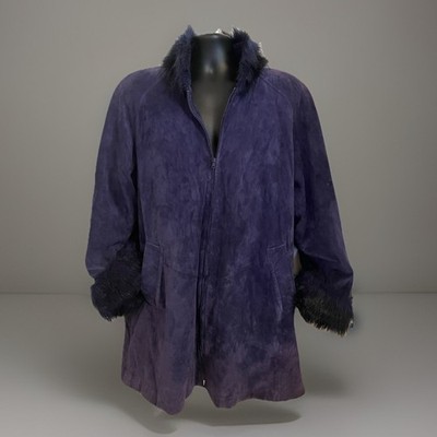 VTG Penny Lane Blue Suede Leather Jacket Coat Faux Fur Danier Oversize Lined Lux