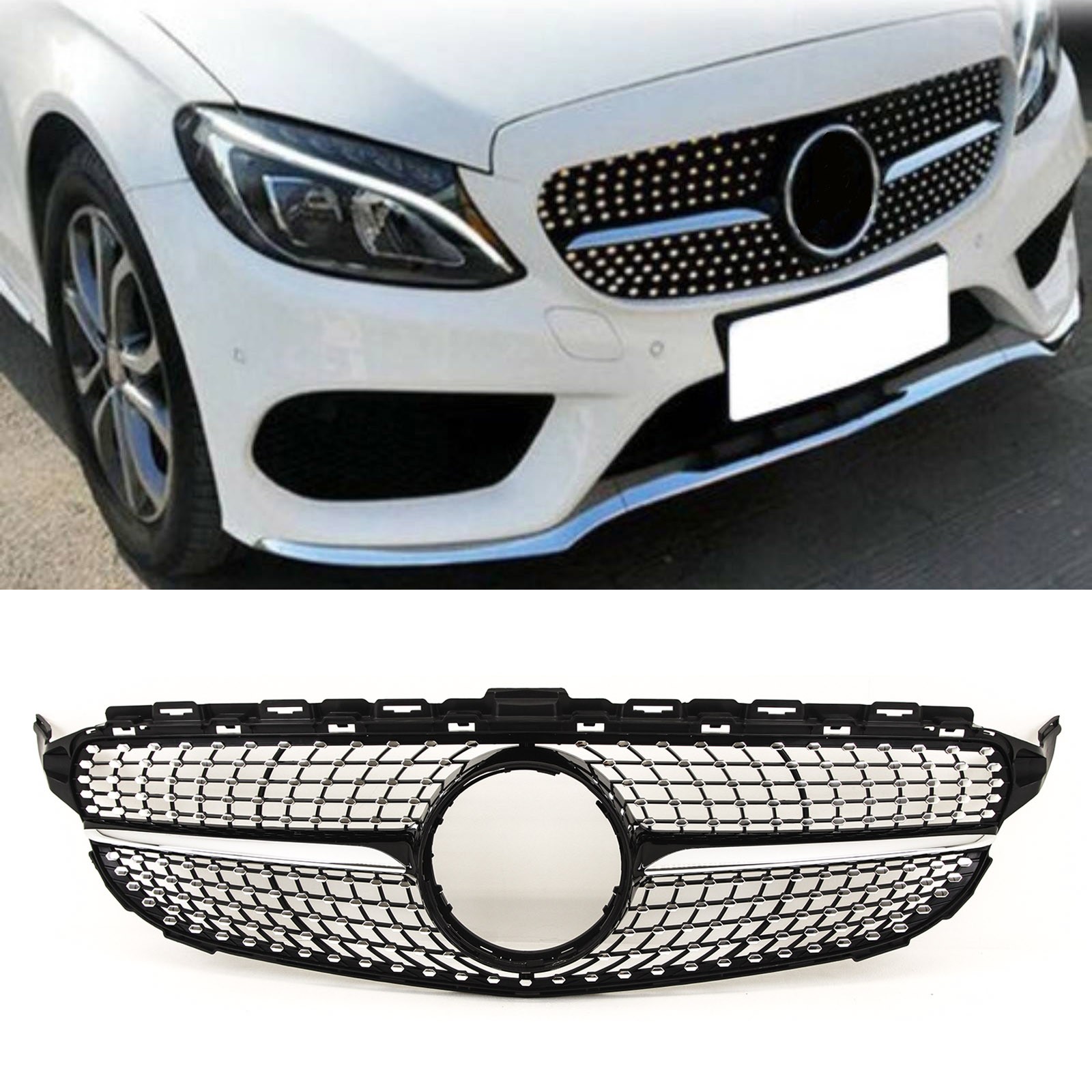 Fits Mercedes C Class W205 2014-2018 Front Bumper Grille Gloss W/ Chrome Pins Sport Black 9145588439390 - Image 2