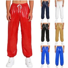 Mens Wet Look Waterproof Leak Proof Trouser Side Pocket Loose Rain Jogging Pants
