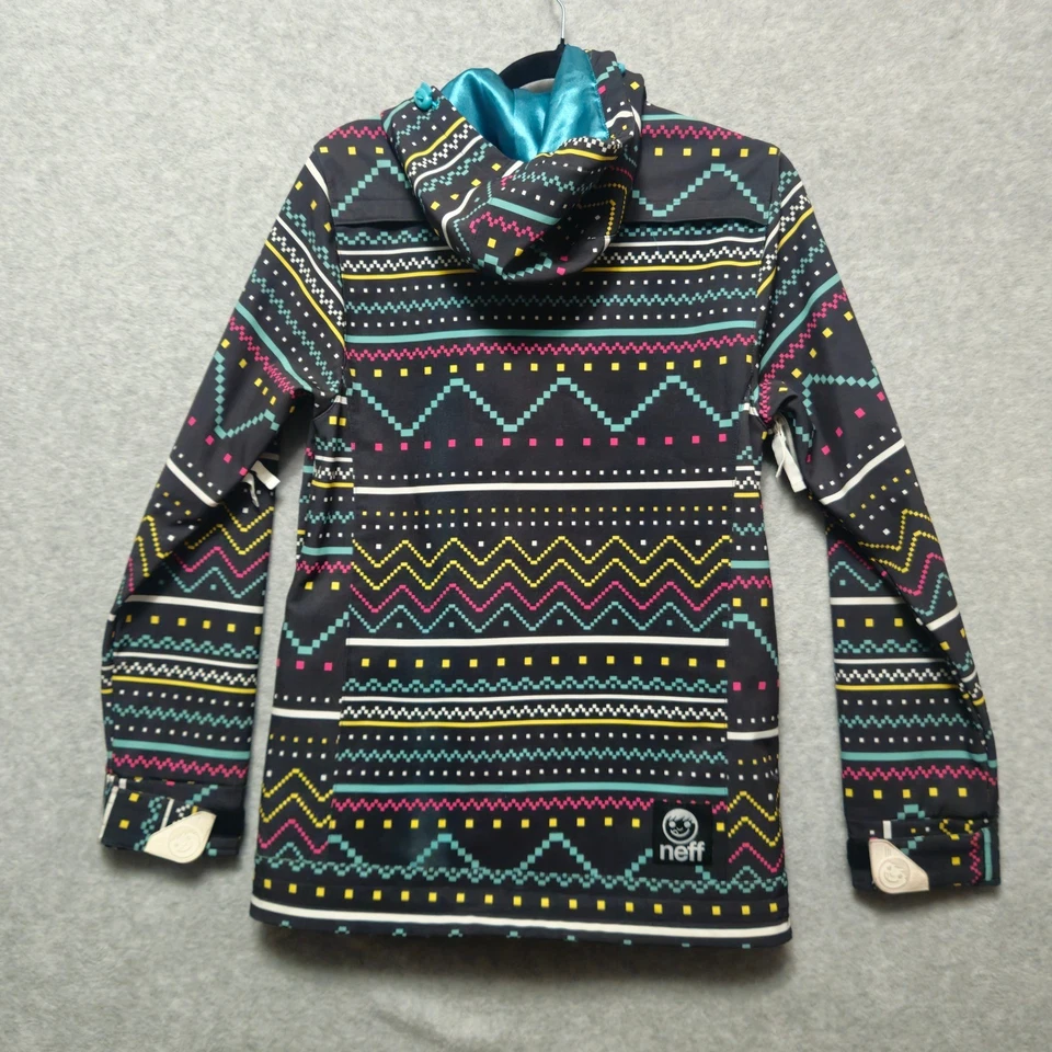 NEFF Womens Medium Softshell Snowboard Jacket Black Multicolor Aztec Hooded Ski - Image 2 of 4