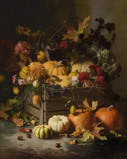 Autumn Harvest Crate | Pumpkins & Flowers | Vintage Oil Painting Museum Print