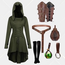 Women's Renaissance Medieval Hooded Robe Belt Pouch Bracers Costume Set