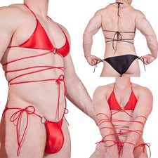 Men 2 Piece Sleepwear Lingerie Set Crisscross Strap Bra Tops+Side Lace-up Briefs