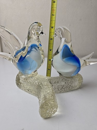 Vintage Venetian Murano Art Glass Blue Dove Love Birds On A Clear Branch - Picture 7 of 8