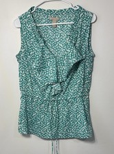Banana Republic Women's Sleeveless V-Neck Geometric Ruffle Blouse Green White S