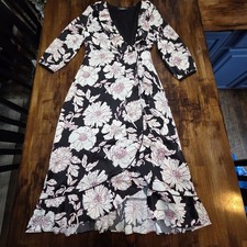Lulus Thistle Prove My Love Black Floral Print Ruffled Wrap Midi Dress S Preppy