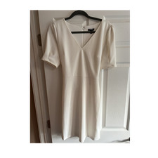 Express Ivory Solid Knit Fit & Flare Dress V-Neck short Sleeve tie Back NWOT - M