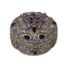 Jeweled Enamel Lavender Purple Butterfly Flowers 2.25" Hinged Metal Trinket Box