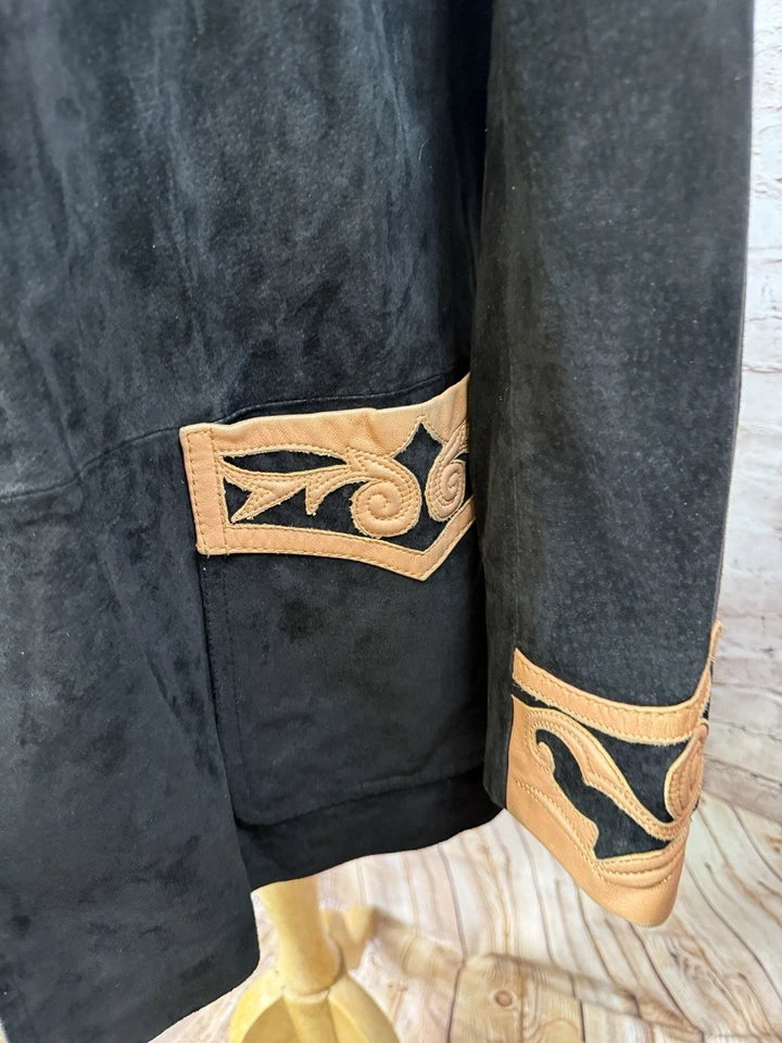 Chaqueta bordada de gamuza negra vintage Cripple Creek Western Med Foto 4 de 4