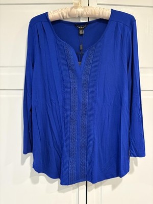 Cable & Gauge Blouse Womens Large Blue Crochet V Neck Tunic Roll Tab Sleeve