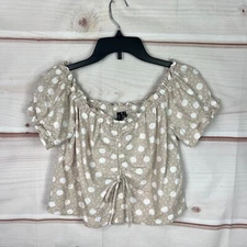 Vero Moda Top Womens S Beige Polka Dot Blouse Crop Off The Shoulder Linen Blend