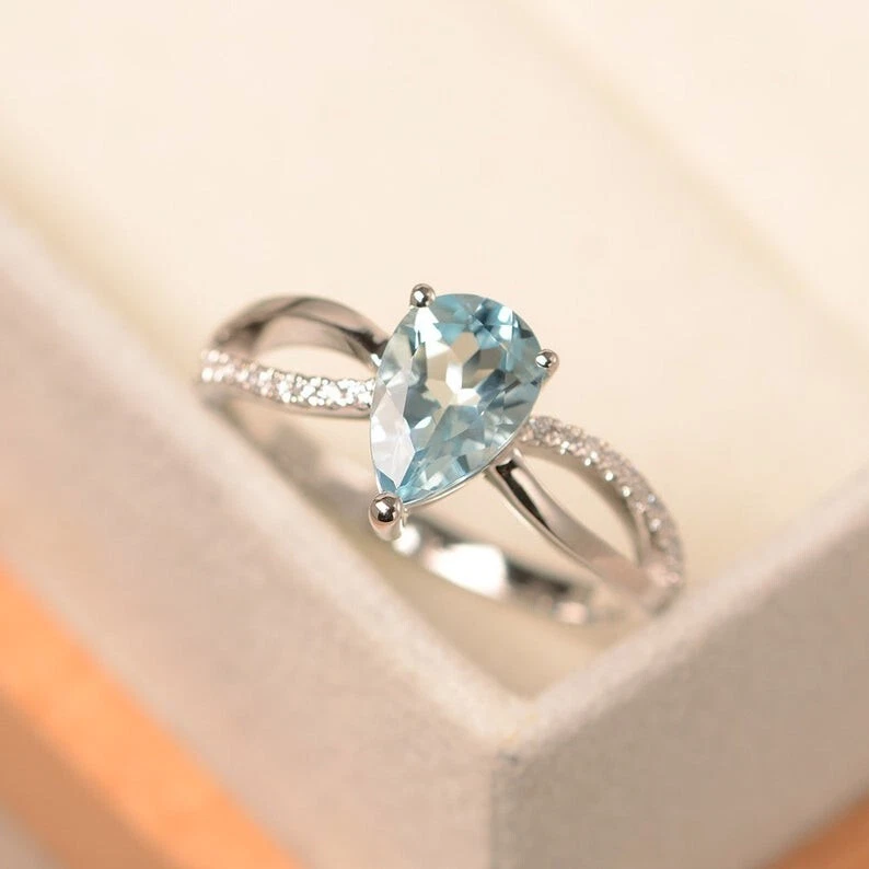 1.15 Ct Pear Cut Real Aquamarine & Diamond Engagement Ring 14K Solid White Gold - Image 3 of 4