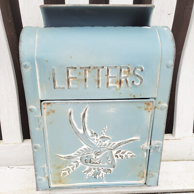 Nostalgie Metall Briefkasten Dekokasten Grau Blau Taubenblau Letters Postbox