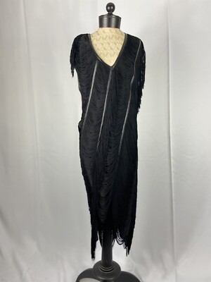 Haute Hippie Size Large Black Fringes Sleeveless Maxi Cocktail