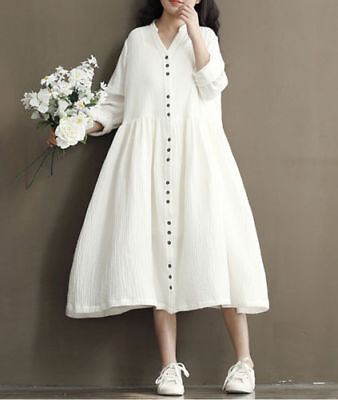 Women Girls Cotton Linen Loose Long Sleeve Tunic Blouse Shirt Boho Maxi | eBay