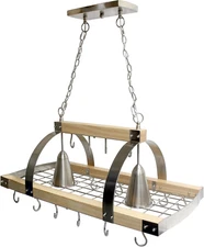 PR1001-WOD 2 Light Kitchen Wood Pot Rack with Downlights, Wood with Brushed Nick