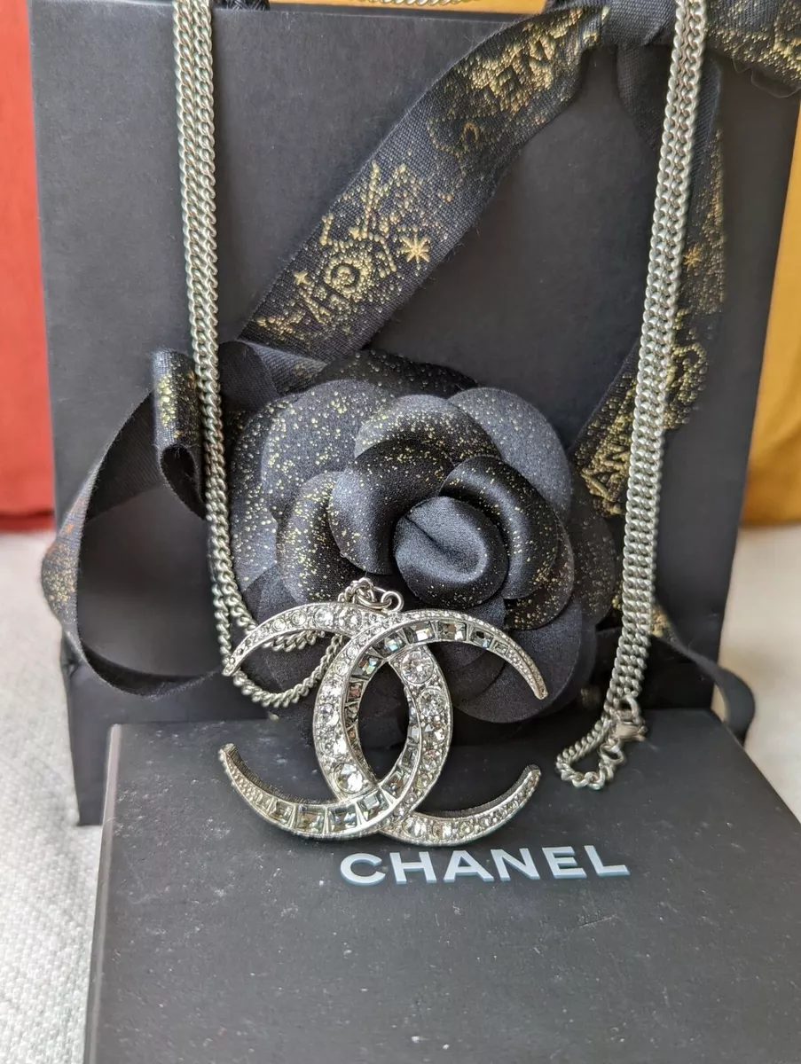 Authentic Chanel CC logo Dubai Moon Collection crystal silver necklace box