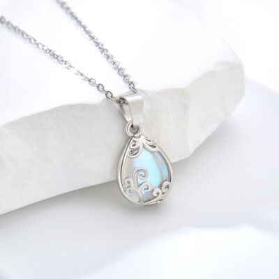 925 Sterling Silver Moonstone Pendant Necklace Plated White Gold For Women 