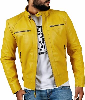 Neu Herren Gelb Motorrad Biker Stilvolle Lederjacke Echt Lammfell