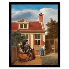 Pieter De Hooch Figures In Courtyard Behind House Wall Art Print Framed 12x16