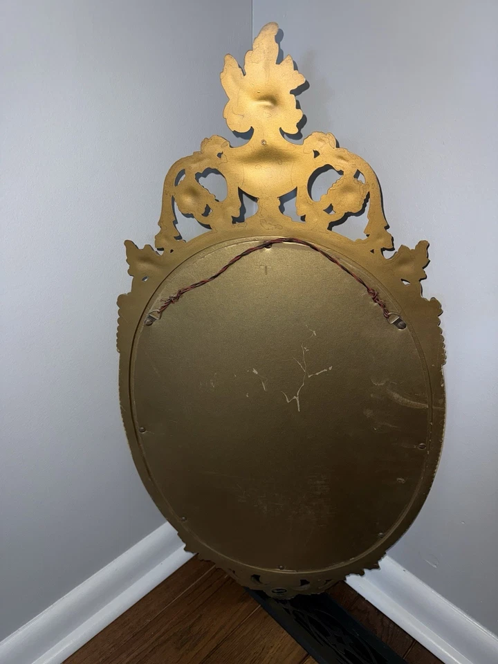 "Espejo de pared de colección MCM negro y dorado siroco ornamentado con desplazamiento Hollywood Regency 31 X 16""" Foto 4 de 4