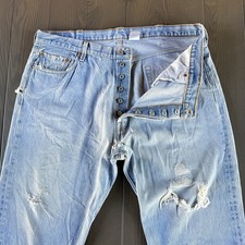 VTG Levis 501 Button Fly Jeans Mens 40x30 Light Wash Blue Distressed Denim Y2K