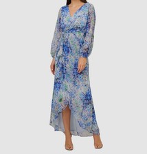 Adrianna Papell Women's Blue Floral Metallic Draped Surplice Dress Sz 6P