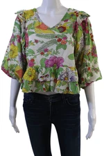 Love The Label Womens Green Boho Floral V-Neck Cotton 3/4 Sleeve Blouse Size S