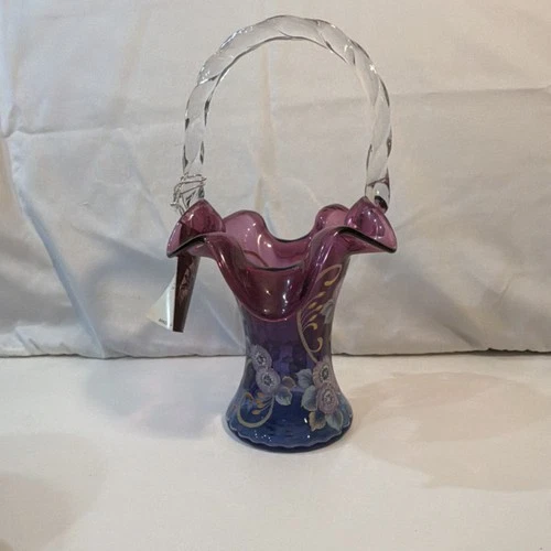 Fenton Hand Painted Art Glass Decorative Basket Purple Blue Floral Round 1950