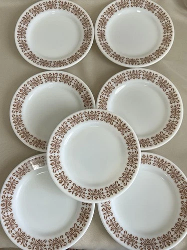 PYREX Corning Copper Filigree Milk Glass Dinner Plates - 9" (Set of 7) Vintage