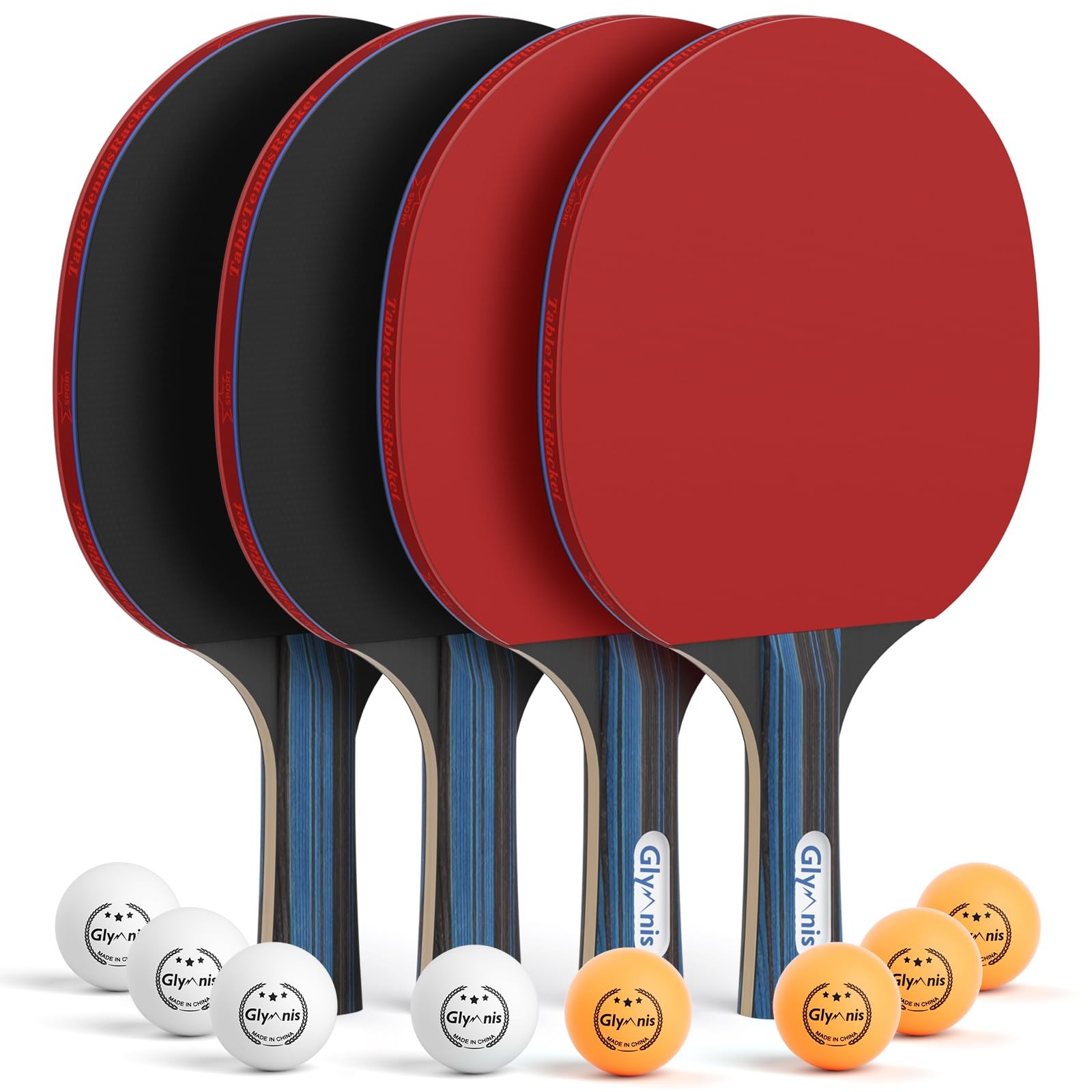 Glymnis Ping Pong Paddles Set of 4 Table Tennis Rackets with