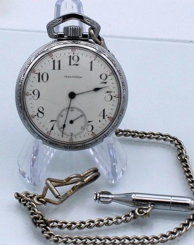 1912 WALTHAM GRADE 610 7j SIZE 16s POCKET WATCH & FOB CHAIN RUNNING ANTIQUE