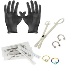 Piercing Kit incl. Captives Horseshoes Needles Forceps Gloves 10 Pcs