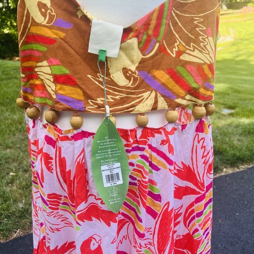 NWT Farm Rio Birds Wood Balls Sz XL Maxi Dress Kaftan Pink Blue Tan Muumu $295. - Picture 7 of 11